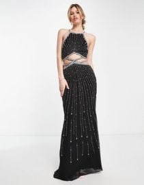 DESIGN strappy maxi dress with pearl and linear embellishment in black at ASOS