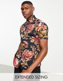 DESIGN stretch slim shirt in black and red floral print at ASOS