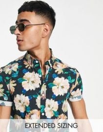 DESIGN stretch slim shirt in black floral print at ASOS