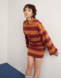 DESIGN stripe rugby shirt mini dress in mustard burgundy at ASOS