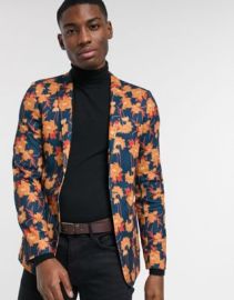 DESIGN super skinny jersey blazer with floral print in navy at ASOS