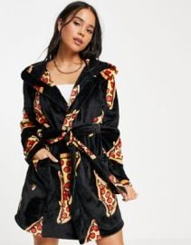 DESIGN super soft pizza fleece robe in black at ASOS