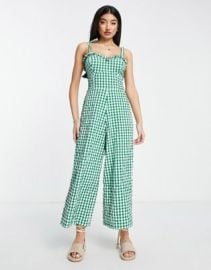 DESIGN sweetheart neck jumpsuit with tie shoulder in green gingham at ASOS