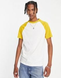 DESIGN t-shirt in white with mustard contrast sleeve at ASOS