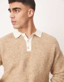 DESIGN textured knit relaxed rugby polo sweater in stone brown at ASOS