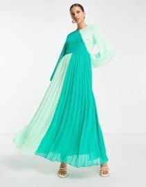 DESIGN textured pleated maxi dress in green color block at ASOS