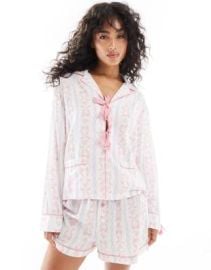 DESIGN tie front pajama shirt and short set in bow print at ASOS