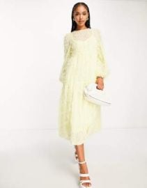 DESIGN tiered midi dress in fluffy texture in pale yellow at ASOS