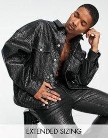 DESIGN trucker jacket in black croc leather look - part of a set at ASOS