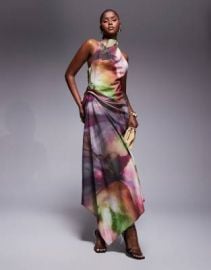 DESIGN tuck detail halter maxi dress in abstract print at ASOS