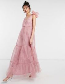 DESIGN tulle bow tie tiered maxi dress in rose at ASOS