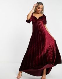 DESIGN twist back pleated empire waist velvet maxi dress in red at ASOS