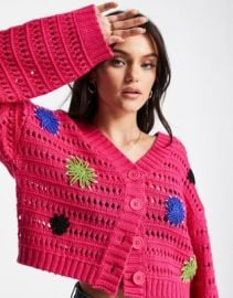 DESIGN v neck cardi with floral crochet detail in pink at ASOS