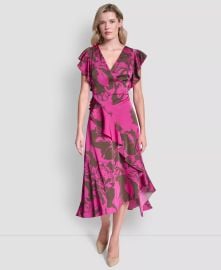 DKNY Cap Sleeve Surplice Neck Ruffle Midi Dress at Macys