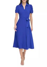 DKNY Collared Short Sleeve Tie Waist Midi Dress in Marine at Belk