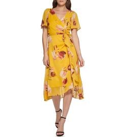 DKNY Floral Faux Wrap Tie Waist Midi Dress at Dillards