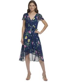 DKNY Floral-Print Flutter-Sleeve Asymmetrical Faux-Wrap Dress - Macys at Macys