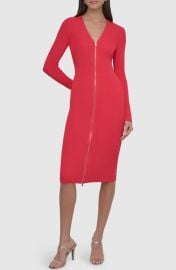 DKNY Front Zip Long Sleeve Rib Midi Dress at Nordstrom