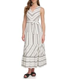 DKNY Linen Stripe Print V-Neck Sleeveless Tie Waist Maxi Dress Dillardx27s at Dillards