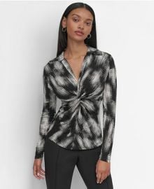 DKNY Petite Twist-Front Collared Abstract-Print Top - Macys at Macys
