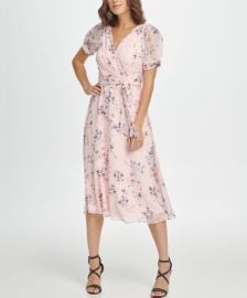 DKNY Powder Pink Floral Puff-Sleeve Wrap Dress Best Price and Reviews Zulily at Zulily