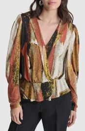 DKNY Print Faux Wrap Peplum Top in Paint Stroke at Nordstrom Rack at Nordstrom Rack