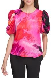 DKNY Print Puff Sleeve Satin Top at Nordstrom