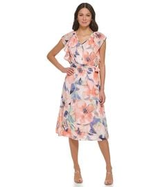 DKNY Ruffle Sleeve V-Neck Midi Dress com at Zappos