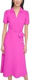 DKNY Women's Short Sleeve Tie Fit & Flare Midi Dress at Amazon
