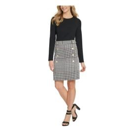 DKNY Womens Black Stretch Zippered Fitted Button Houndstooth Long Sleeve Round Neck Above The Knee Wear To Work Sheath Dress at Walmart