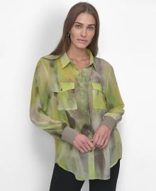 DKNY Womens Button-Front Printed Chiffon Blouse - Macys at Macys