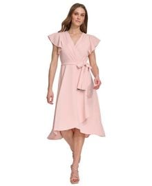 DKNY Womens Flutter-Sleeve Tie-Waist Faux-Wrap Dress - Macys at Macys