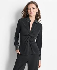 DKNY Womens Knot-Front Faux-Leather-Trimmed Collared Top - Macys at Macys