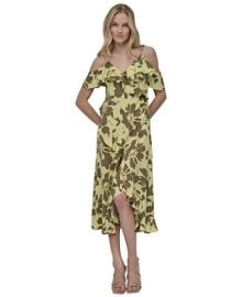DKNY Womens Printed Cold-Shoulder Ruffle-Trim Dress - Macys at Macys