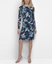DKNY Womens Printed Mesh Long-Sleeve Sheath Dress - Macys at Macys