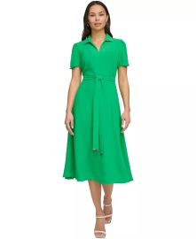 DKNY Womens Tie-Waist Point Collar A-Line Dress - Macys at Macys