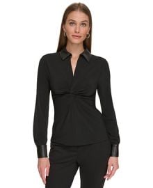 DKNY Womens Twisted Faux-Leather-Collar Top - Macys at Macys