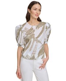 DKNY Womens Voile Printed Puff-Shoulder Woven Crewneck Top - Macys at Macys