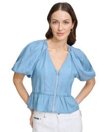 DKNY Womens Zip-Front Puff-Sleeve Blouse - Macys at Macys