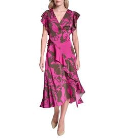 DKNY by Donna Karan Floral Print Charmeuse Ruffle Cap Sleeve Asymmetrical Flutter Hem Faux Wrap Midi Dress Dillardx27s at Dillards