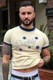 Daddy Print Contrast Binding Casual Beige Top at Ciciful