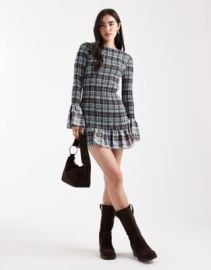 Daisy Street long sleeve shirred mini dress in brown blue plaid at ASOS