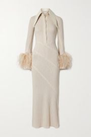 Dana Boa Leather and Feather-Trimmed Ribbed-Knit Maxi Dress by 16Arlington at Net A Porter