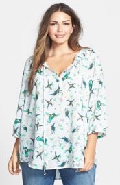 Daniel Rainn Bird Print Tie Front Peasant Top at Nordstrom