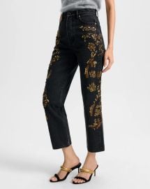 Daniela Embellished Straight-Leg Jean in Washed Black Onyx at Veronica Beard