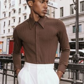 Dark Brown Pinstripe Point Collar Shirt dash Phix at Phix