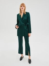 Dark Green Tie-Waist Blazer amp Front Slit Trousers Set  at Lattelier