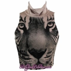 Dark Khaki Graphic Tiger Turtle Neck Crop Top at Lush