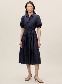 Dark Navy Puff Sleeve Shirt Dress - Navy Poplin Shirt Dress - Rebecca Taylor at Rebecca Taylor
