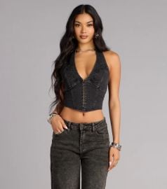 Dark Rose Drama Denim Halter Top in Black at Windsor
